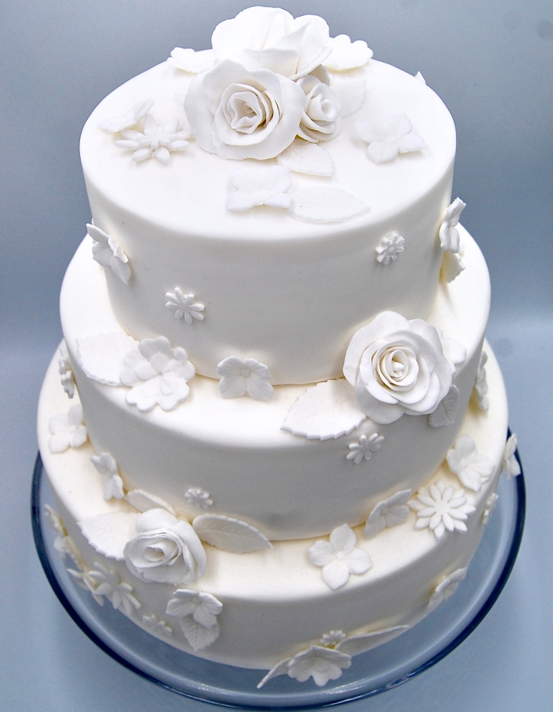 3 Tier White Wedding Cake with White Flower Decoration