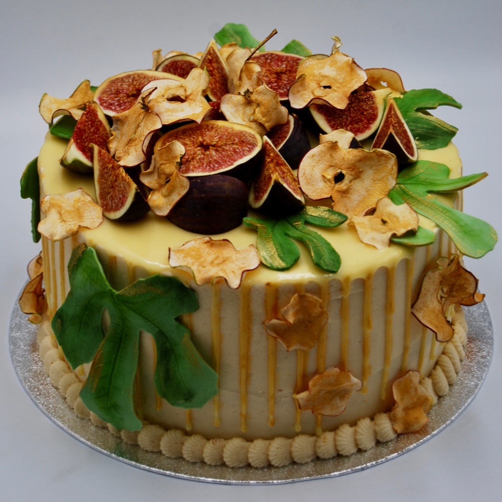 Apple, Fig and Fig Leaf Cake, Decorated with Gold Ganache Drip